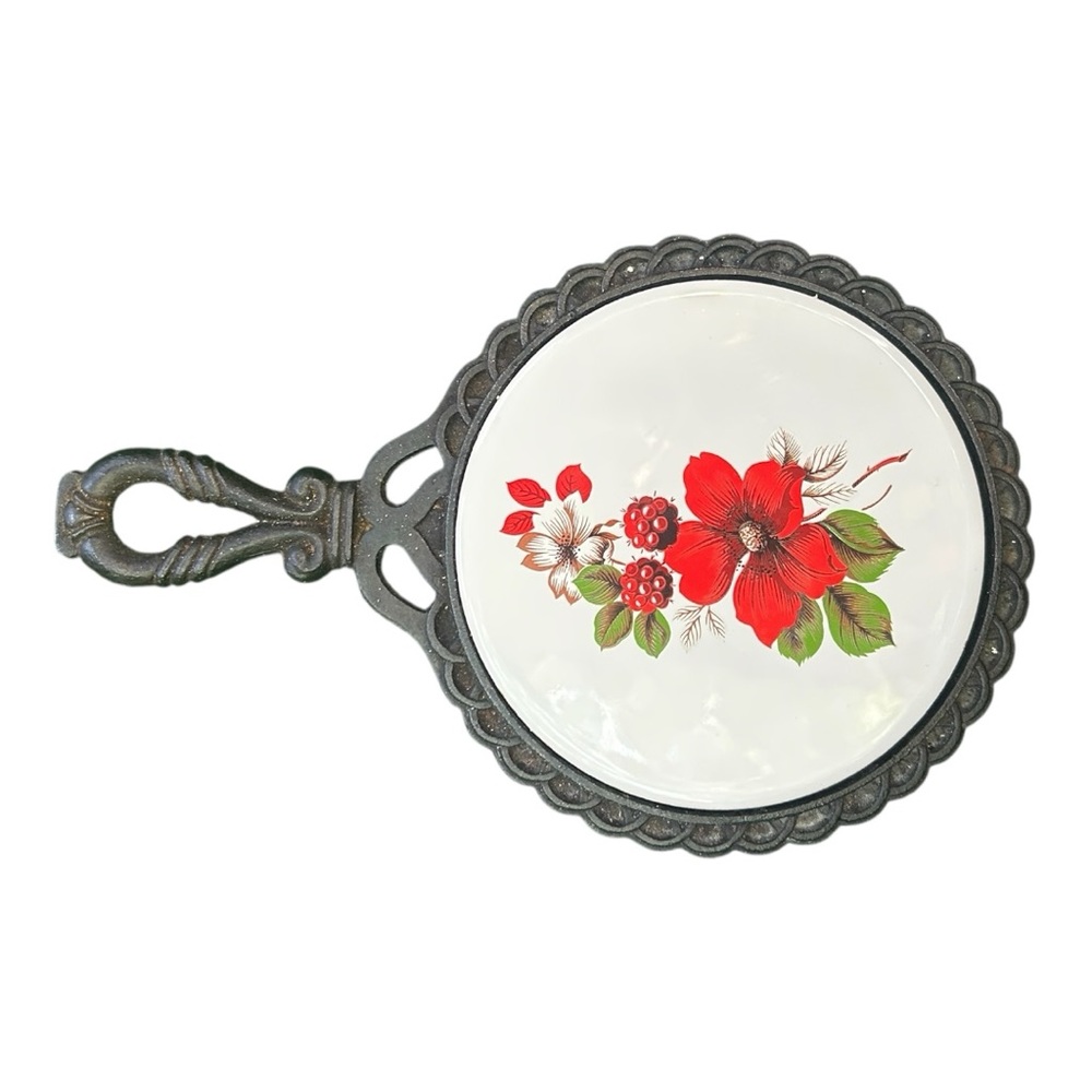 Vintage Cast Iron Ceramic Tile Trivet with Floral Design